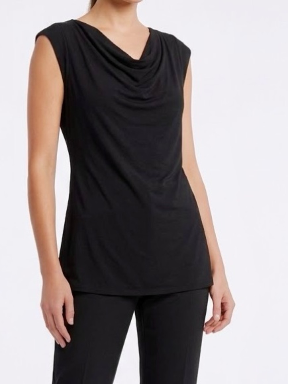 GRACE Knit Black Draped Cowl Neck Sleeveless Blouse Minimalist Top — #LHP
